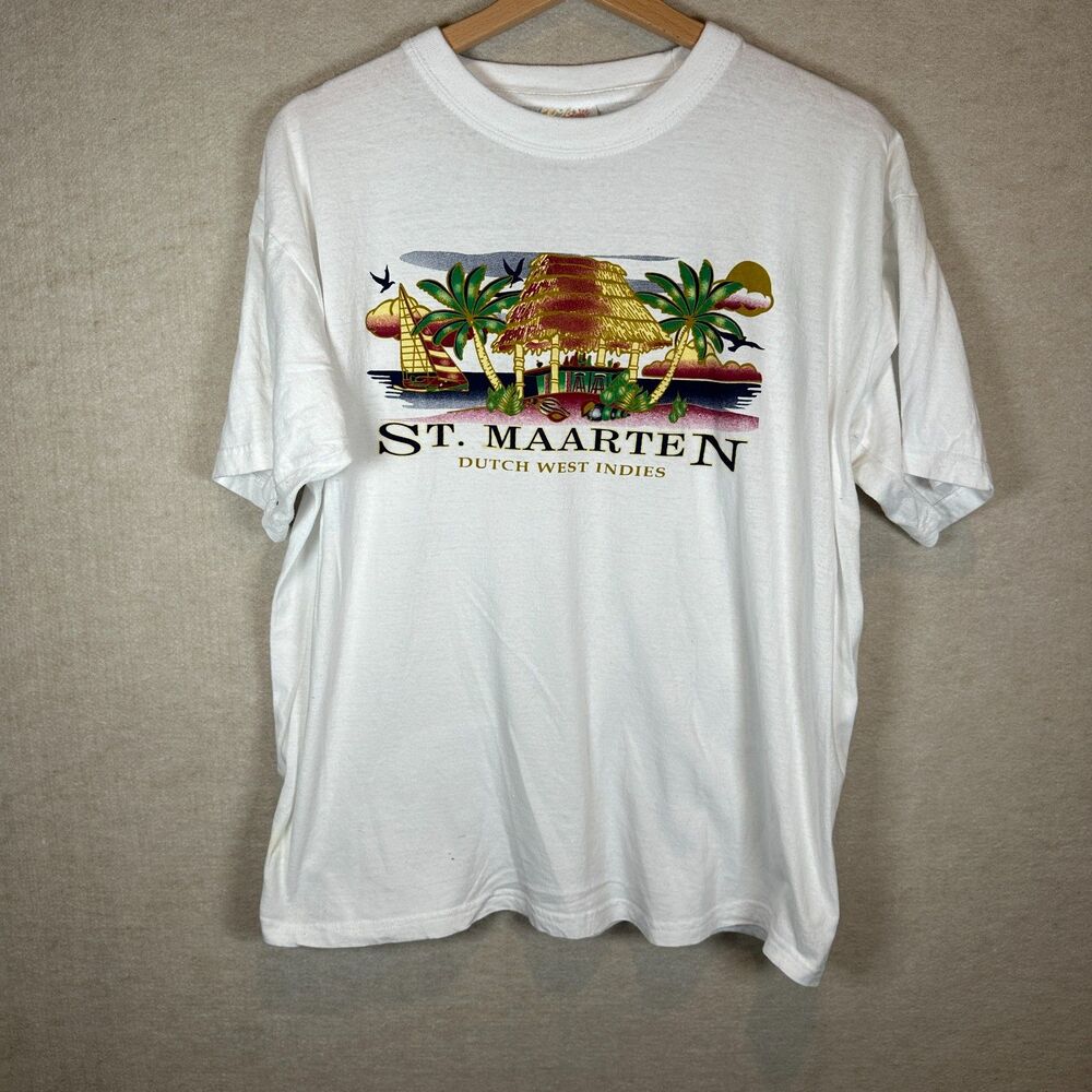 Vintage St. Maarten Dutch West Indies T Shirt XL White Tropical Souvenir